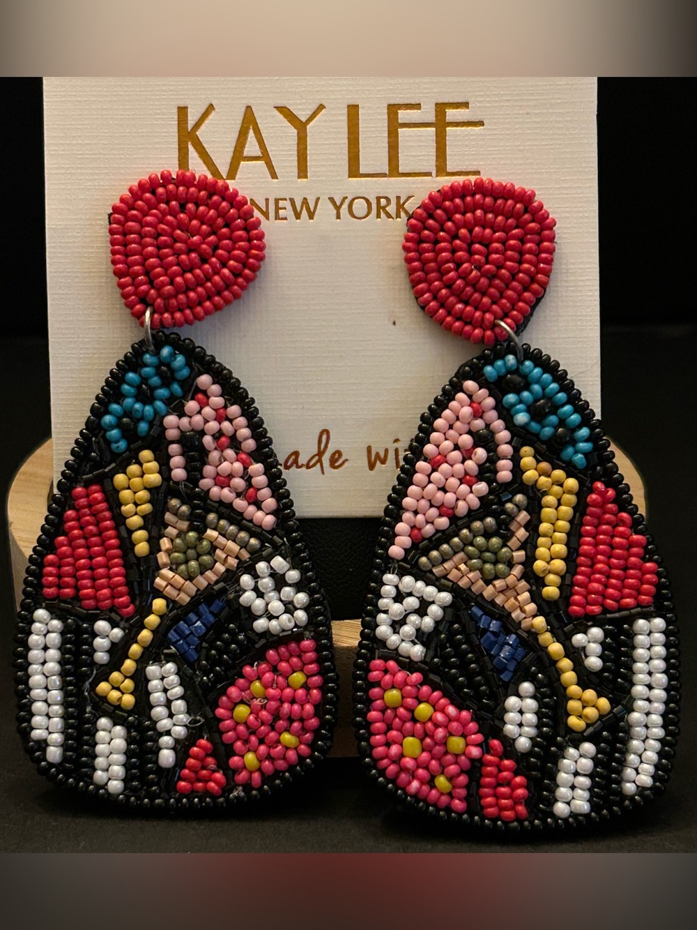 Kay Lee Multicolor Hand Beaded Drop Earrings with Red and Yellow Accents